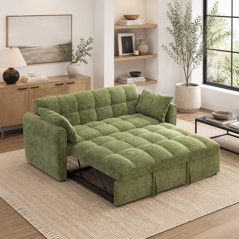 Canapé-lit pliable 3 en 1 de 65 pouces avec dossier réglable, sac de rangement et oreillers inclus, Green Chenille
