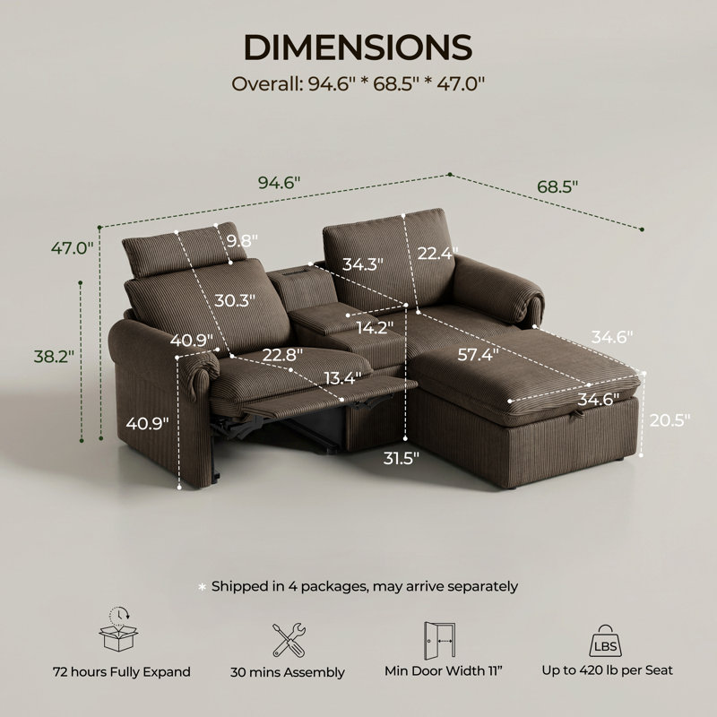 Canapé modulaire inclinable avec console et repose-pieds avec rangement, canapé modulaire en velours côtelé avec charge USB, porte-gobelets et inclinaison électrique, brun