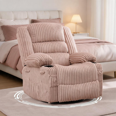 360° Swivel Rocker Recliner Chair for Adults, Oversized Manual Glider with Footrest, Cup Holders & Side Pockets, Jumbo Corduroy Upholstered Accent Chair - Corduroy Pink