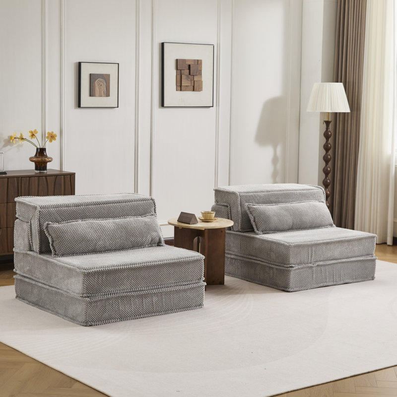 Compression Mahjong Sofa,Convertible Floor Sofa Bed,DIY Boneless Modular Sectional Sofa,No Assembly Required,Circle Fleece Fabric,Oversized 2 Seater With 2 Pillows,Light-Grey