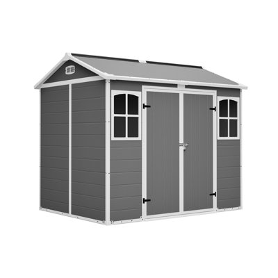 Plastic Utility Shed 8x6 ft with Floor – Lockable Storage Shed for Garden Tools & Trash Bins, All-Weather Outdoor Organizer in Gray-White