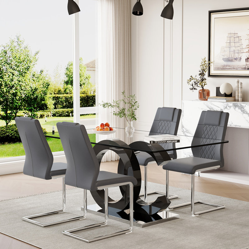 5-Piece Glass Top Dining Table Sets, Gray/Silver
