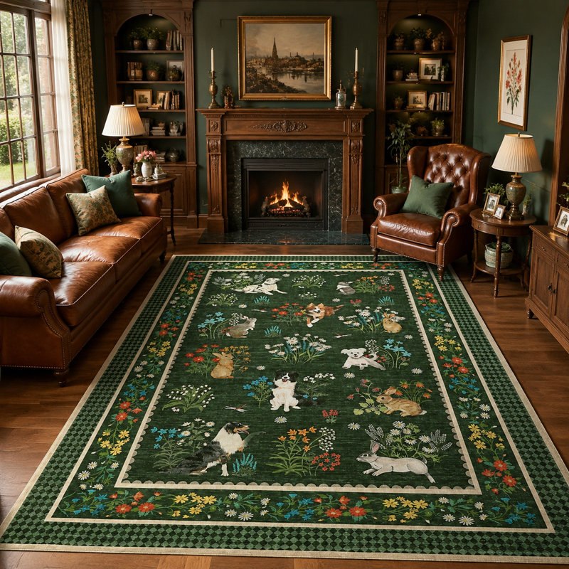 Tapis lavable à la machine Whimsical, Vert, 9 x 12 pi