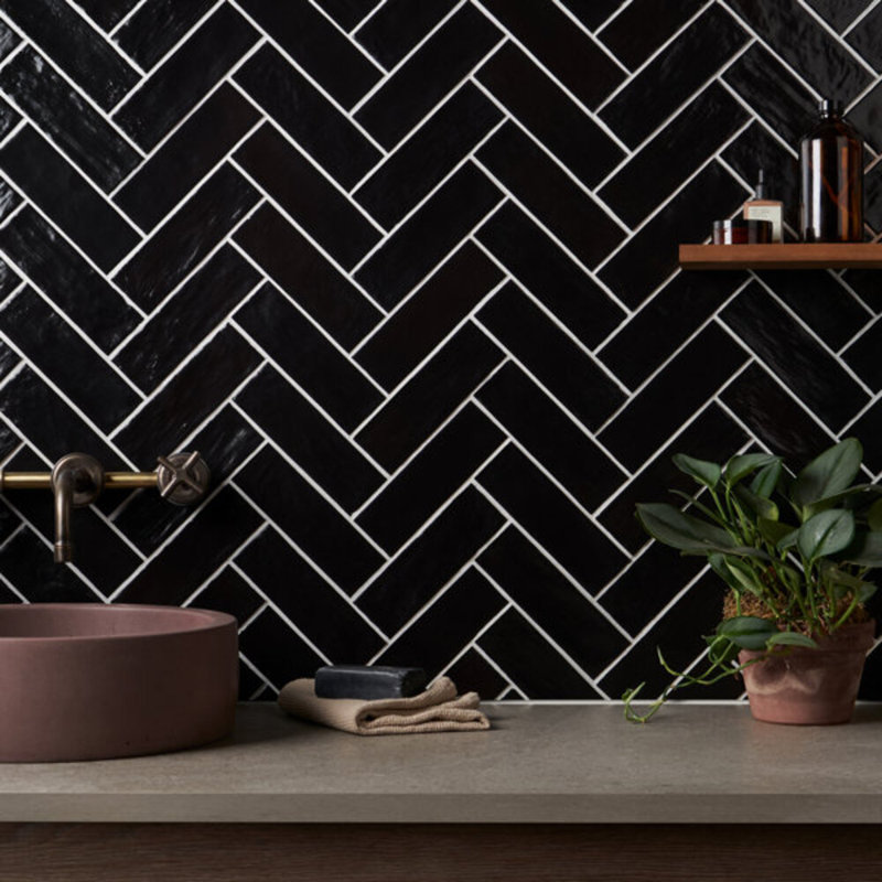 Montauk 2x8 Mixed Finish Ceramic Tile, Jet Black