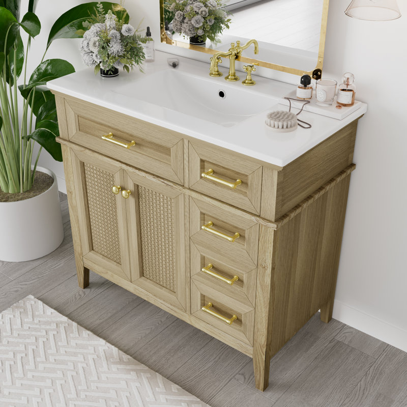 Meuble-lavabo simple 36 po avec lavabo en céramique, Chêne clair