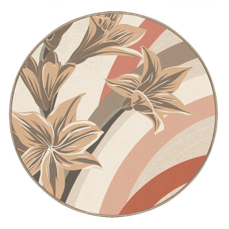 Machine Washable Ottwell Amaryllis Eclectic Arc Rug in Beige – Beige Binding, 7' Round