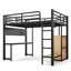 Lit mezzanine double avec tablettes de rangement et bureau, lit mezzanine en métal avec ports USB, lumières et tringle de suspension
