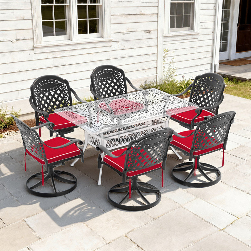Lot de 6 chaises de salle à manger pivotantes en fonte d'aluminium avec accoudoirs et coussins rouges, Rouge