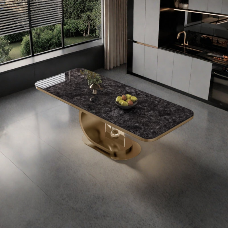 Table de salle à manger en pierre frittée avec base en acier acrylique, H 29,5 po x L 78,7 po x l 35,4 po, Noir, Doré