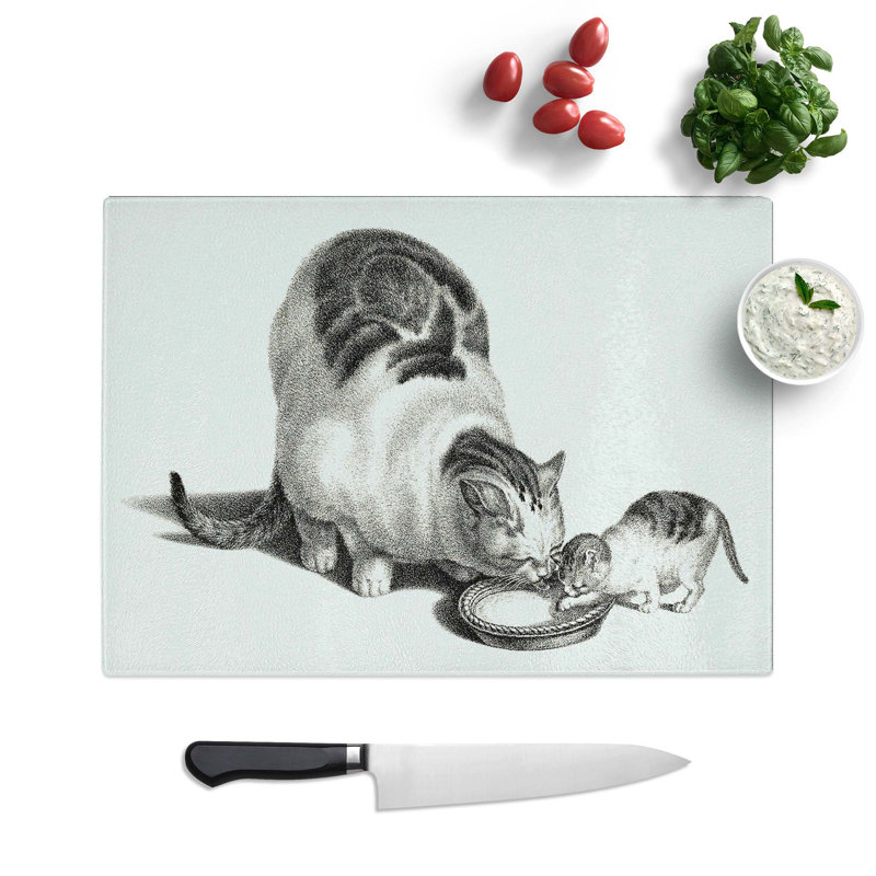 Tempered Glass Cat and Kitten Drinking Chopping Board, 39 cm W x 28.5 cm L
