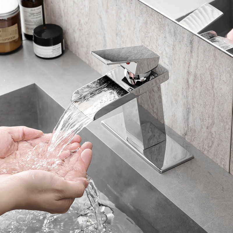 Bathroom Faucet With Deck Plate Waterfall, , Handle, Cartridge Valve, Modern Fixture Contemporary Plating, Deck-Mounted Installation