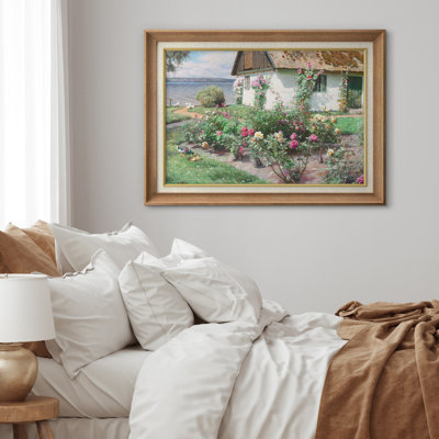 Cottage Rose Garden by the Lake Artwork, Floral Bedroom Pictures, Framed Canvas Giclee Print Wall Art.