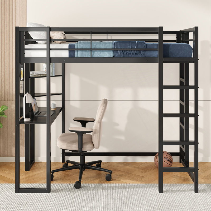 Lit mezzanine simple en métal avec bureau et tablettes intégrés
