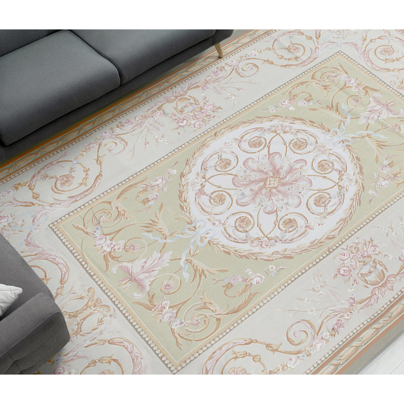 Aubusson Renaissance Wool Oriental Area Rug in Gold/Light Green/Pink, Rectangle 9'3" x 12'3"