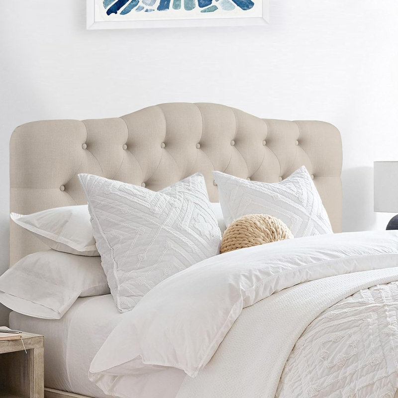 Linen Upholstered Headboard-Modern-Adjustable Height-Button Tufting, Beige, King
