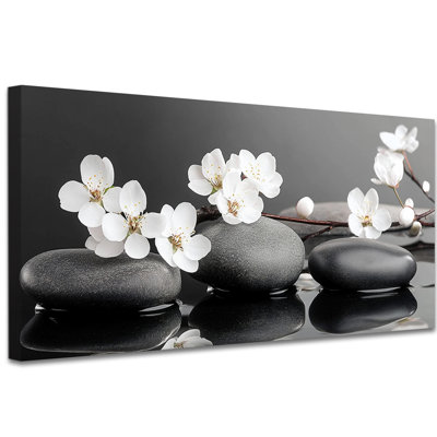 Art zen sur toile, fleur d'orchidée et pierres noires, nature morte, affiche de salle de bain spirituelle, affiche prête à être suspendue, toile encadrée pour spa de chambre à coucher, 12 po x 24 po