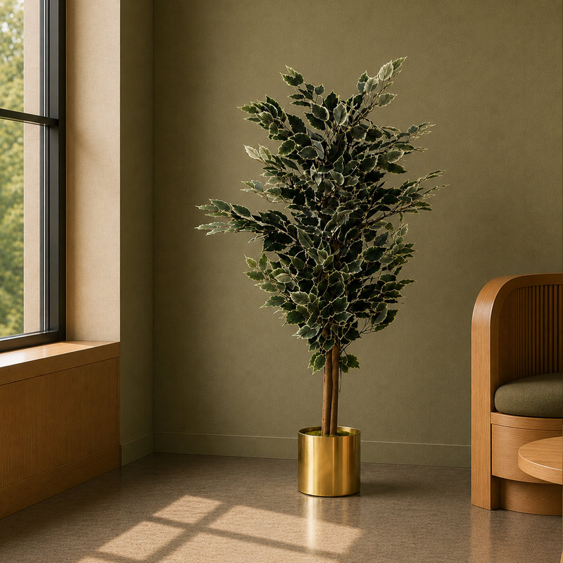 130cm Faux Ficus Tree in Metal Pot, Gold