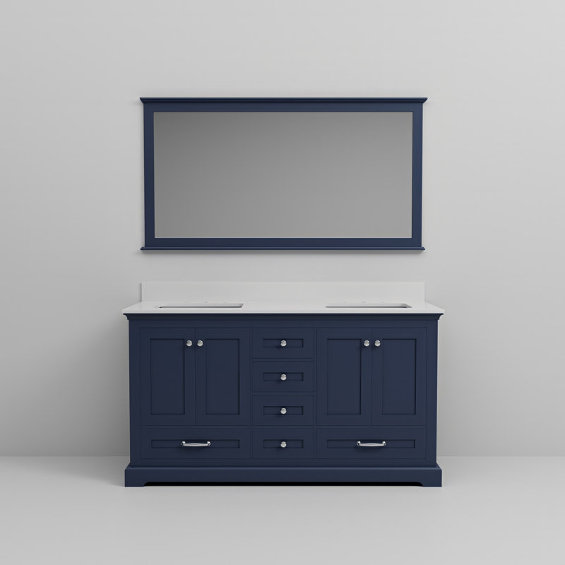 Dukes 60 in. W x 22 in. D Double Bath Vanity, and 58 in. Mirror, White Cultured Marble, Navy Blue