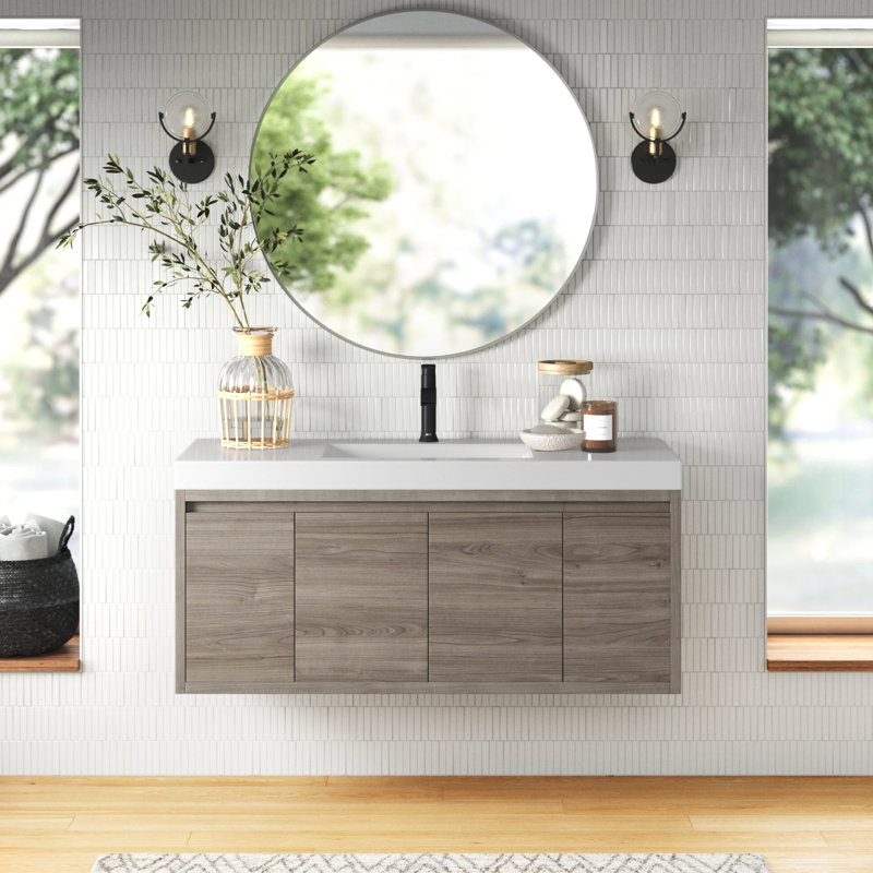 Meuble-lavabo mural simple de 48,5 po avec comptoir en marbre synthétique pour la salle de bain, Orme de forêt