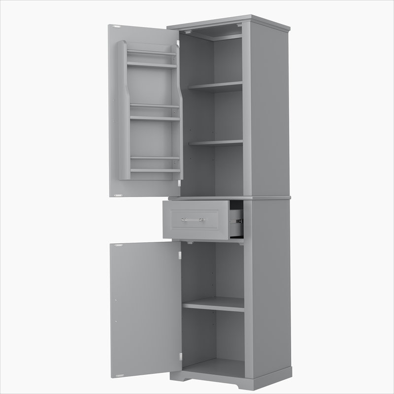 Armoire de rangement haute avec 4 portes, tablette réglable, support de porte, panneau de fibres à densité moyenne avec finition peinte, organisateur autoportant pour la salle de bain, le bureau ou l'intérieur - gris