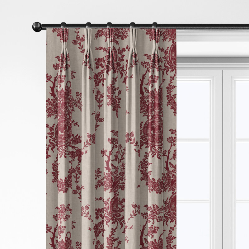 Country Lane Toile Crimson Cotton Pinch Pleat Drapery Panel Set of 2, 40" W x 132" L