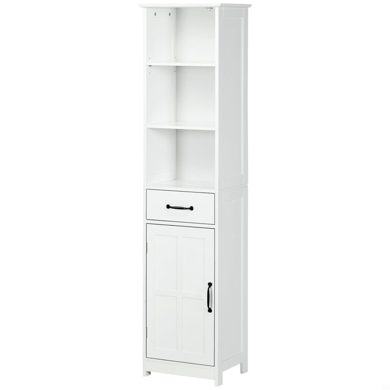 Armoire de rangement pour salle de bain, grande armoire de salle de bain, tour à linge avec 3 tablettes ouvertes, tiroir, porte encastrée et tablette réglable