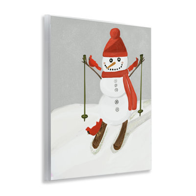 Plaque de bonhomme de neige skiant avec cardinaux, design par Kristal Clifford
