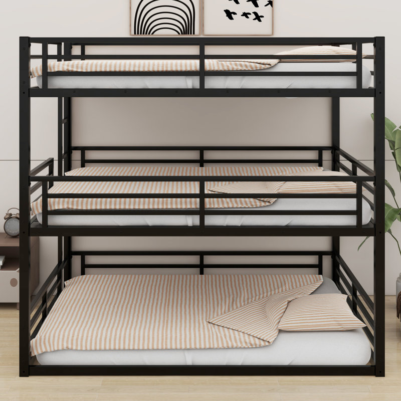 Metal Triple Bunk Bed With Safety Guardrails, Queen over Full XL over Queen