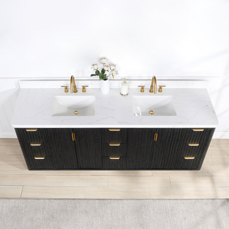 Ensemble de meuble-lavabo double 84 po Adela, Noir, noir, noir, noir, Blanc, Doré