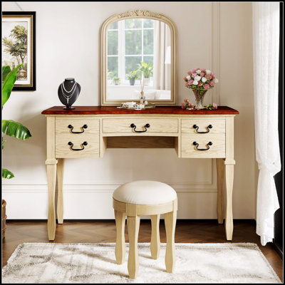 46 Inch Vintage Makeup Vanity with Curved Flower Frame Mirror, Elegant Dressing Table with 5 Drawers and Leather Stool, Solid Wood Legs and Antique Handles