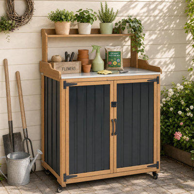 Banc de rempotage extérieur 2 en 1 et armoire de rangement, poste de travail en métal imperméable avec roulettes et tablette réglable
