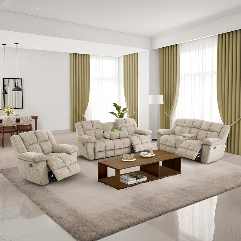 Manual Reclining Couch Sofa Set With Drop-down Table, 3 Pieces Brown Corduroy Recliner Couch Sets, Living Room Furniture Sets, Recliner Sofa With Storage Console/cup Holder For Home/apartment