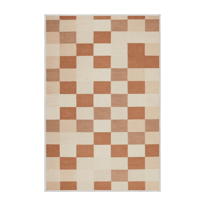 Machine Washable Checkered Beige Area Rug, Runner 2' x 5'