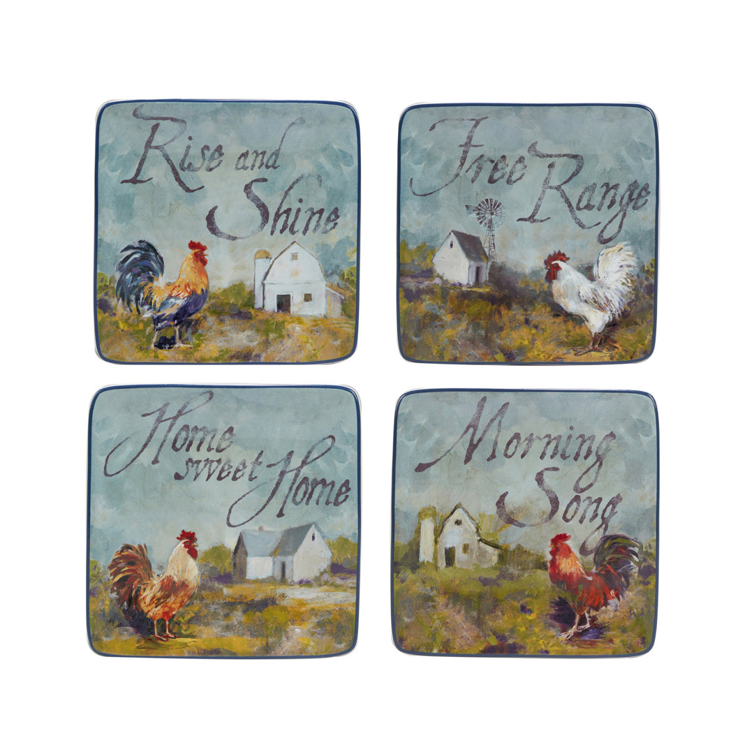 Certified International Rooster Meadow Set Of 4 Canape Plates Certified International