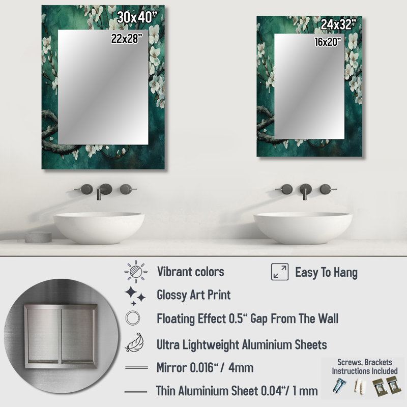 Flower Whispers Teal Cherry Blossoms II - miroir unique floral, grand miroir mural traditionnel, impression d'art en métal