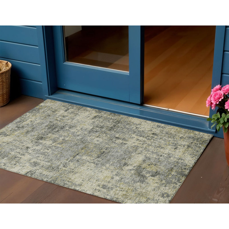 Tapis extérieur lavable abstrait 3 pi x 5 pi étain et beige