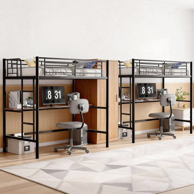 Ensemble de 2 lit mezzanine simple avec bureau, structure de lit superposé en métal robuste avec poste de travail intégré, lit mezzanine peu encombrant