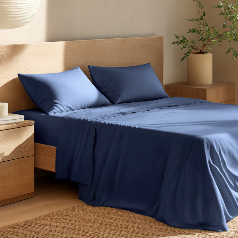 100% Cotton Percale Sheet Set, Twin XL Sheet Set with 1 Pillowcases, Dark Blue