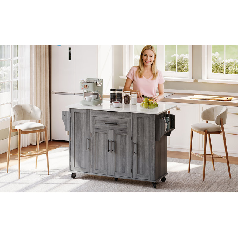 136 cm W Kitchen Island with, Faux Marble, Grey/White/Black