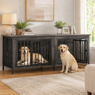 Cage en bois de 160 cm pour deux chiens, niche grise imitation bois avec séparateur central, pour chiens de race moyenne, double porte, cage d'intérieur robuste, meuble télé et table d'appoint