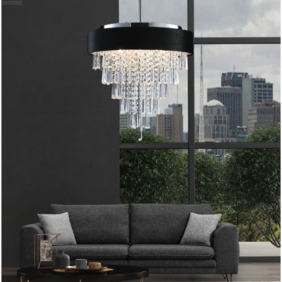 Lustre 5 lumières moderne avec abat-jour en velours noir et cristaux superposés G9