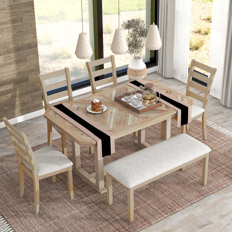 Ensemble de table de salle à manger 6 pièces en bois d'hévéa, Bois naturel délavé, Bois naturel délavé / gris clair