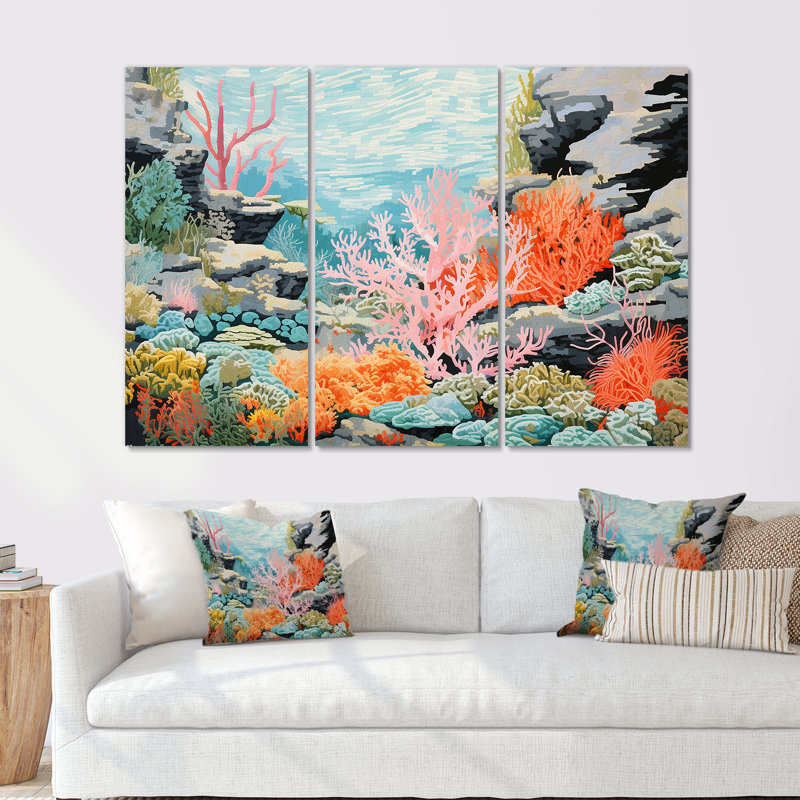 Corail et anémone «IV» - Ensemble de corail sous l'eau, Toile tendue, H 40 po x l 60 po x P 1 po