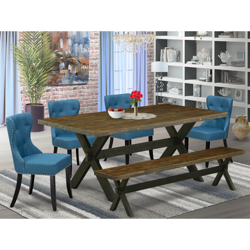 L'ensemble de salle à manger 6 pièces contient une table de salle à manger rectangulaire avec pieds en X et 4 chaises Parson en tissu bleu avec banc, noir brossé