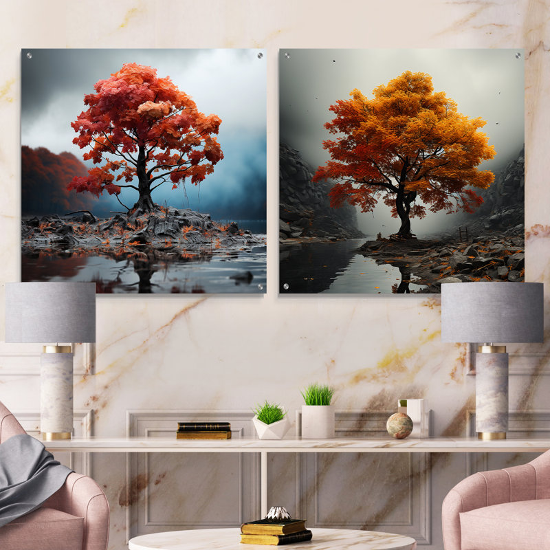 «Abstract Foliage Maple Tree» - ensemble d'art mural en verre acrylique, H 16 po x l 33 po