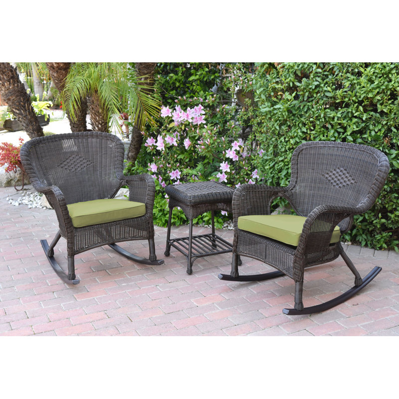 Windsor Resin Wicker Rocker Chair And End Table Set With Cushions, Sage Green, Espresso