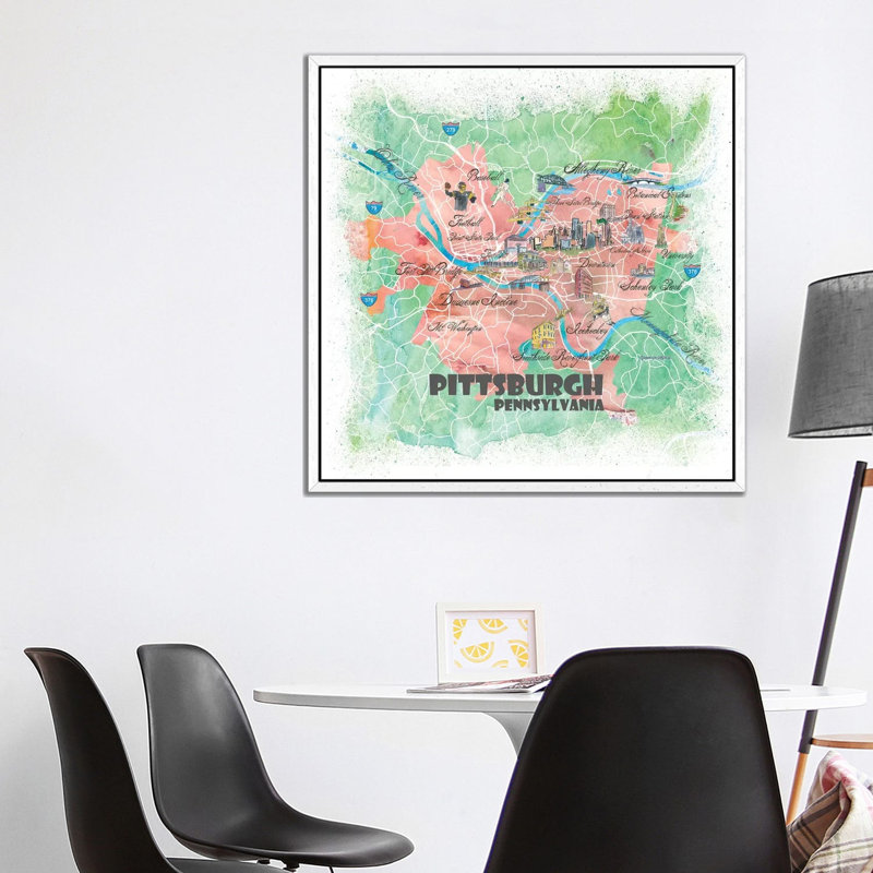 Pittsburgh Pennsylvania Illustrated Map by Markus & Martina Bleichner - Painting on Canvas, White Floater Framed