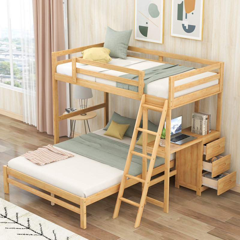 Lit simple superposé au dessus d'un lit double avec bureau intégré et trois tiroirs,, Naturel