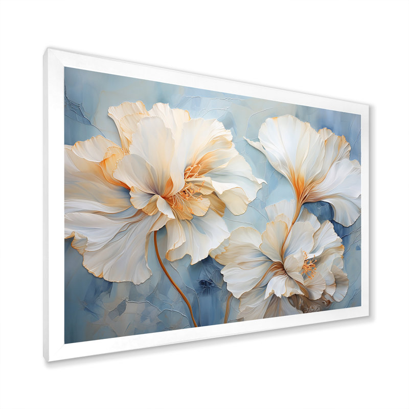 Œillets beiges sur fond bleu III sur toile, Cadre simple blanc, H 16 po x l 32 po x P 1 po