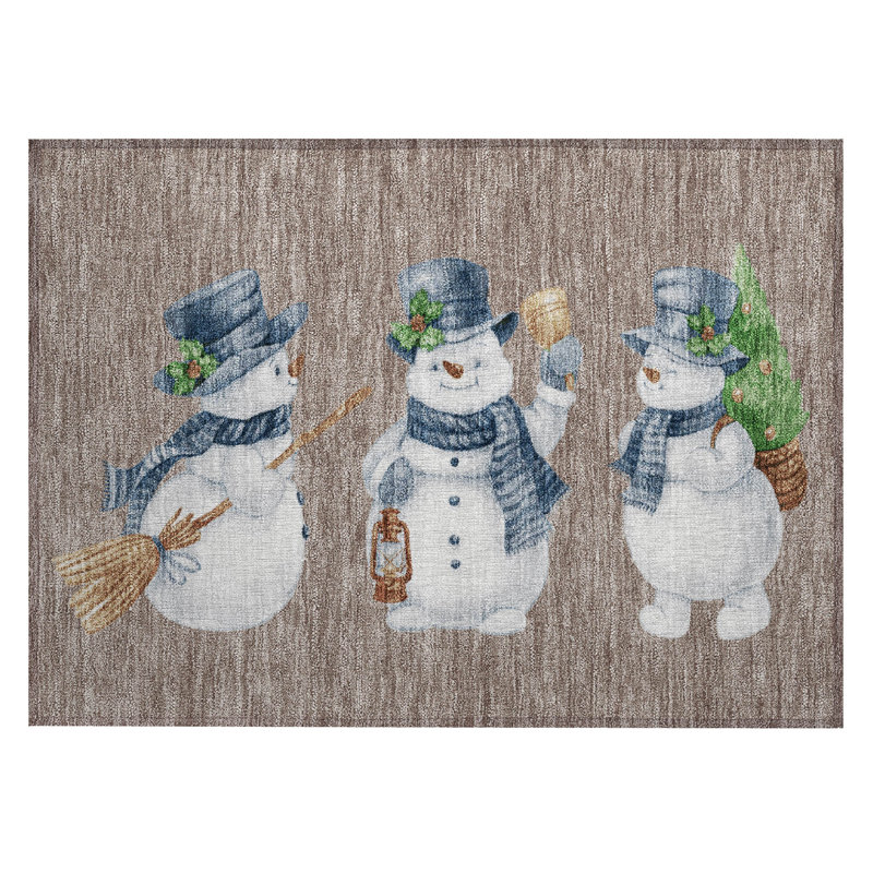 Machine Washable Indoor/Outdoor Christmas Snowman Xhevrie Taupe Rug, Rectangle 1'8" x 2'6"